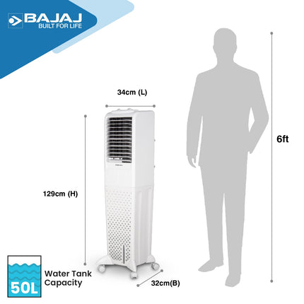 Bajaj TMH50 Tower Air Cooler 50L|for Larger Room|Inverter Compatibility|Honeycomb Cooling Pads|Typhoon Blower Tech|Portable AC|30-Ft Air Throw|3-Yr Product 2-Yr Pump 1-Yr Motor Warranty【White】 