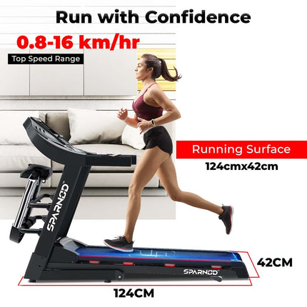 Sparnod Fitness STH-3600 Multifunction Treadmill for Home Use, 4 HP Peak DC Motor, 16 Km/H, Advanced Console with 12 Pre-Set, Massager, Supports 110 Kg User Weight Hydraulic Foldable Inbuilt Speakers 