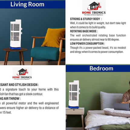 Hometronics Tower Fan For Home| Lightweight Portable Tower AC| Tough Blower With 3 Speed Control| Cooler for home|, Low Power Consumption and Anti-Rust Body, (BLUE & WHITE) 