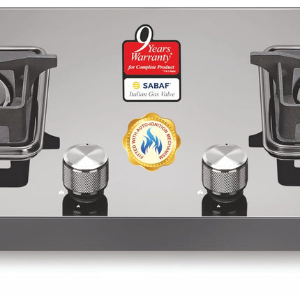 Sujata Premium Gas Stove Auto Ignition | 9 Years Warranty | Gas Stove 2 Burners Glass Top, SABAF, ISI Certified, LPG & PNG Compatible, 360° Rotating Brass Gas Nozzle, Jumbo Brass Burner (Black) 