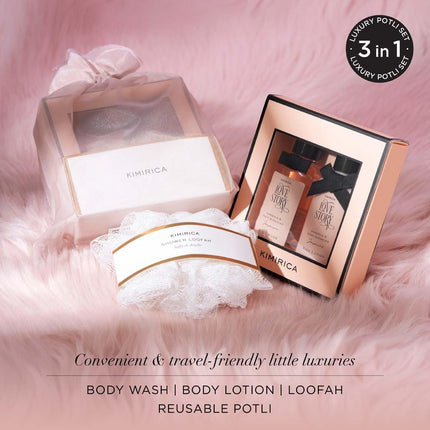 Kimirica Gift Set "Nothing But Love Duo" Potli For Family & Friends | Corporate Return Gifts For Employees, Men & Women | Romantic notes of Gardenia and Night Blooming Jasmine Shower gel, Body lotion with Loofah Inside (Pack of 2) 