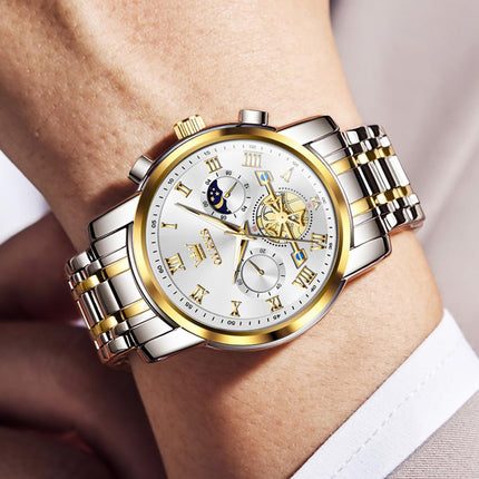 OLEVS Watches for Men Chronograph Business White Wrist Watches Analog Quartz Moon Phase Stainless Steel Waterproof Luminous Dress Watches 