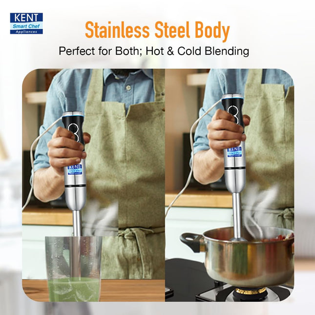 KENT SS Hand Blender 450W | Variable Speed Control | Turbo Switch For Fast Blending | Detachable Shaft For Easy Cleaning | Hot & Cold Blending | Low Noise Dc Motor - Stainless Steel, 450 Watts, Silver 