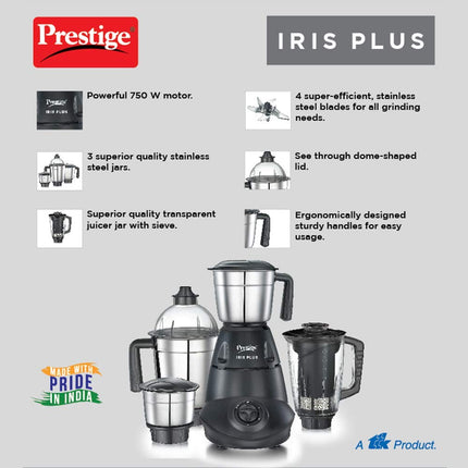 Prestige Iris 750 Watt 4 Jar Mixer Grinder | 3 Stainless Steel Multipurpose Jars and 1 Juicer Jar | Black | 750W 