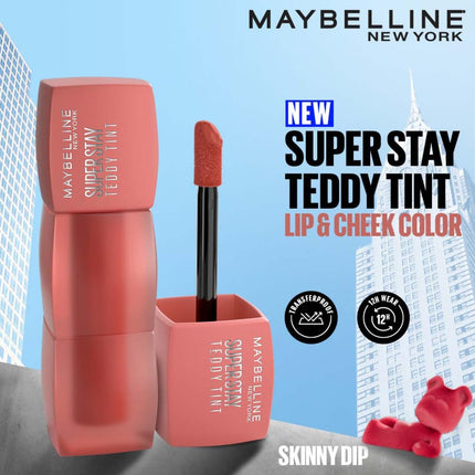 Maybelline New York Super Stay Teddy Tint - Lip and Cheek Color, Skinny Dip, 5ml | Teddy Soft Matte up to 12Hr | Multi Use | Comfortable Long wear formula |Buildable |Natural flushed look in one swipe 