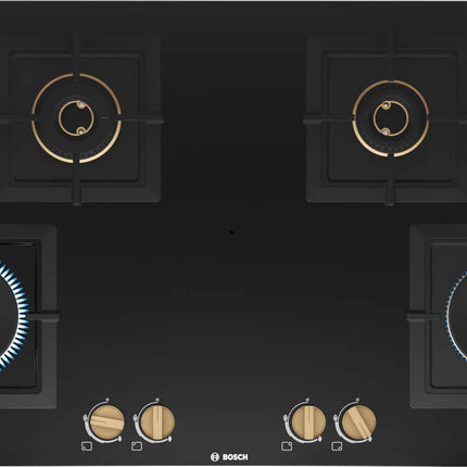 Bosch Built in Gas Hob Black Tempered glass Glass 4 Burner Auto Ignition 90 cm True Brass 2D Ring Burners with Matt Black Heat Shields & Cast Iron pan supports (PNF9B6F20I) 