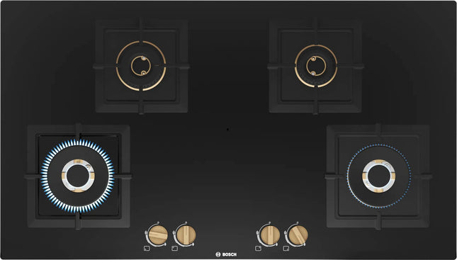 Bosch Built in Gas Hob Black Tempered glass Glass 4 Burner Auto Ignition 90 cm True Brass 2D Ring Burners with Matt Black Heat Shields & Cast Iron pan supports (PNF9B6F20I) 