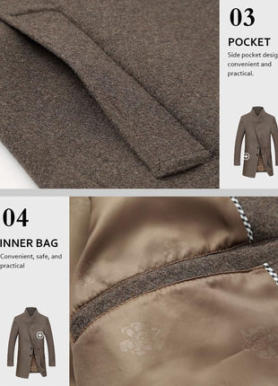 Lavnis Mens Wool Blend Trench Coat Slim Fit Overcoat Gray