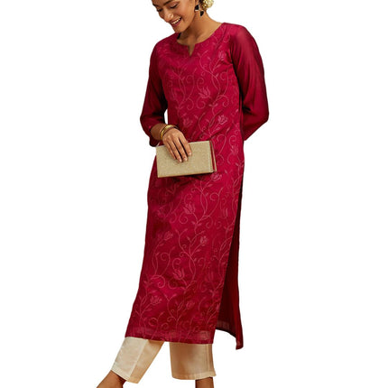Libas Women's Chanderi Silk Embroidered Straight Kurta (58009_Hot Pink 
