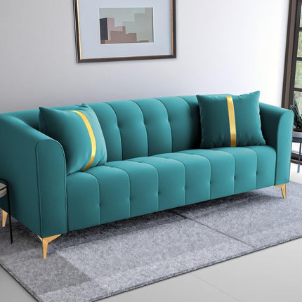 Adorn India Premium Mystic - 3 Years Warranty - 3 Seater Sofa Velvet Suede Fabric - Aqua Blue 