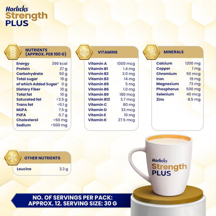 Horlicks Strength Plus- Vanilla| Balanced Nutrition to Regain Strength|High Fibre & Protein,Powder,1 count,350 grams 