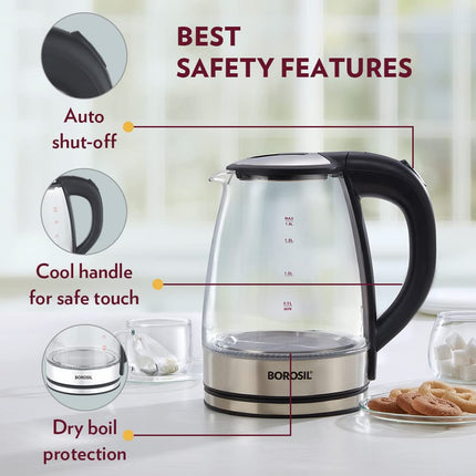 Borosil Electric Glass Kettle, Borosilicate Glass, Extra Long Cord, Dry-boil Protection, 360° Rotating Base, 1.8 L, Transparent 