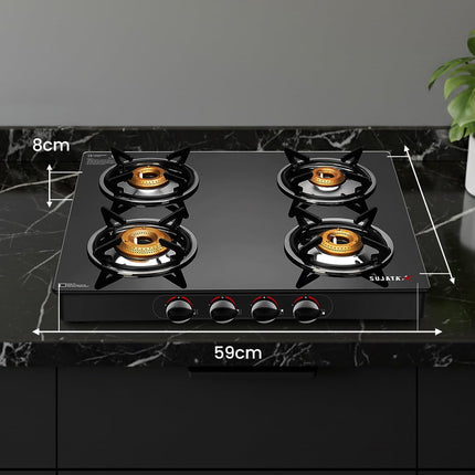 Sujata Standard Auto Ignition Gas Stove 4 Burners | 9 Years Warranty | 4 Burner Gas Stove Glass Top, Stove 4 Burner, ISI Certified, SABAF Valve, LPG & PNG Compatible, 360° Rotating Nozzle (Black) 