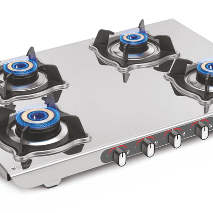 Sujata Sterno Auto Ignition Gas Stove | 9 Years Warranty | Gas Stove 4 Burners Steel Body, SABAF, ISI Certified, LPG & PNG Compatible, Jumbo Brass Burners (Stainless Steel) 