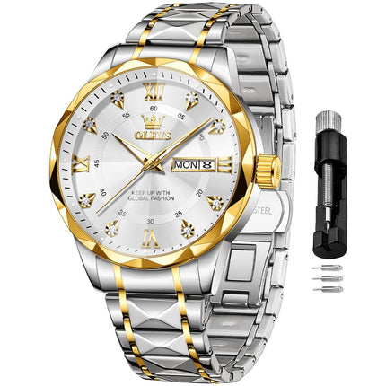 OLEVS Watches for Men Diamond Date Day Calendar White Wrist Watches Quartz Analog Stainless Steel Business Two Tone Waterproof Luminous Men Watch 
