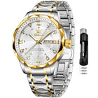 OLEVS Watches for Men Diamond Date Day Calendar White Wrist Watches Quartz Analog Stainless Steel Business Two Tone Waterproof Luminous Men Watch 