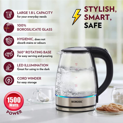 Borosil Electric Glass Kettle, Borosilicate Glass, Extra Long Cord, Dry-boil Protection, 360° Rotating Base, 1.8 L, Transparent 