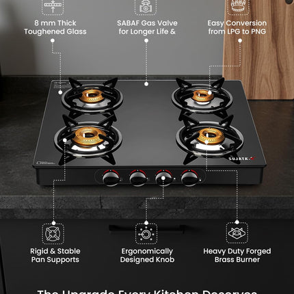 Sujata Standard Auto Ignition Gas Stove 4 Burners | 9 Years Warranty | 4 Burner Gas Stove Glass Top, Stove 4 Burner, ISI Certified, SABAF Valve, LPG & PNG Compatible, 360° Rotating Nozzle (Black) 