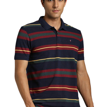 Louis Philippe Men's Striped Slim Fit T-Shirt (LYKPCSLBN12553_Navy 