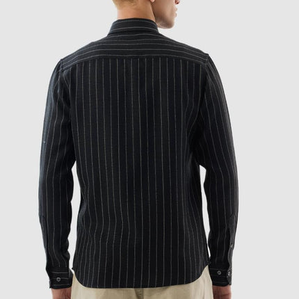 SNITCH Mens Black Button Down Collared Full Sleeve Curve Hem Cotton Casual Light Weight Stripes Slim Fit Shirt 