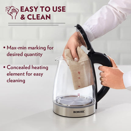 Borosil Electric Glass Kettle, Borosilicate Glass, Extra Long Cord, Dry-boil Protection, 360° Rotating Base, 1.8 L, Transparent 