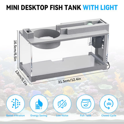 Qpets® Small Fish Tank for Betta Fish with LED Light & Air Pump | USB Powered Desktop Aquarium | Hydroponics Pot | Stylish Home Office Decor (31.5×13×16.5cm) 