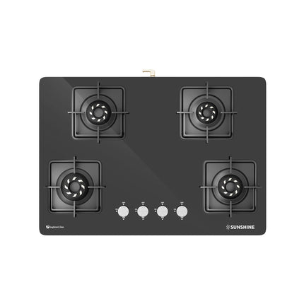 Sunshine Magnite Gas Stove | 4 Burner Glass Hob Top Cooktop | Warranty By Sunshine - 5 Year On Glass & Burner And 10 Year On Valve, Manual Ignition, SABAF, LPG Ready & PNG Compatible (Premium - Black) 