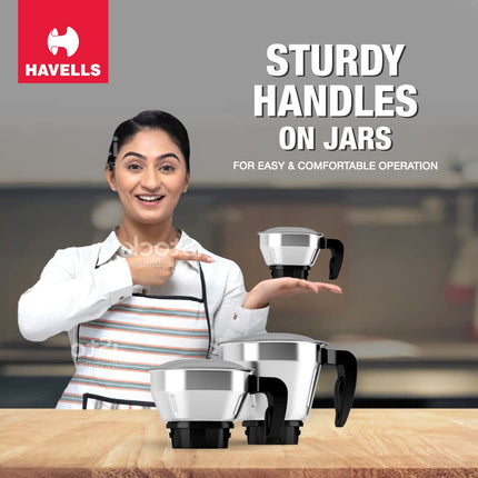 Havells MIXWELL 500 W 3 Jar Mixer Grinder, 304 SS Blades I High Speed 21000 RPM Motor, Heavy and Wider mouth SS Jars, All Jars with Handle (Black and Grey) 
