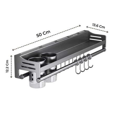 HomeEssentials Wall Mounted Kitchen Rack - Shelf for Kitchen / 2 Plastic Cutlery Boxes/Cup Holders, Spatula, Spoon, Ladle Hangers/Stand with Hooks for Accessories Storage (50x12 CM) 