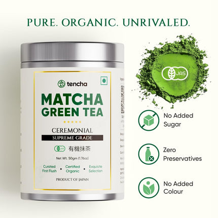 Tencha- Ceremonial Supreme Grade Matcha Tea | JAS Certified Organic | 100% Pure Supreme Grade | Japanese Matcha Green Tea Powder | Smooth and Sweet Flavour | Vegan | 50gms