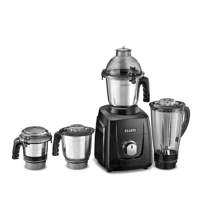 Sujata MG03 Mixer Grinder|1000 Watts Double Ball Bearing Motor|25000 RPM|Non-Stop 90 Mins Running|4 Jars including 1750ml Blender with Coconut Milk Extractor, 1500ml, 1000ml, 500ml Jar| (Black) 