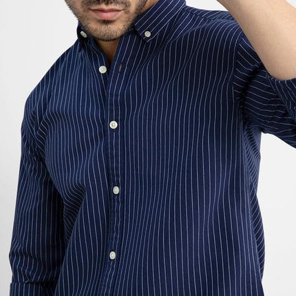 SNITCH Lining Navy Spread Collar Stripe Slim Fit Shirt 