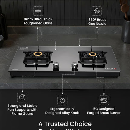 Sujata Premium Gas Stove Auto Ignition | 9 Years Warranty | Gas Stove 2 Burners Glass Top, SABAF, ISI Certified, LPG & PNG Compatible, 360° Rotating Brass Gas Nozzle, Jumbo Brass Burner (Black) 