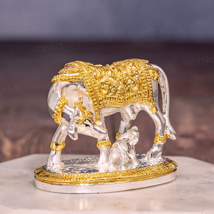 Svastika Vastu Kamdhenu Cow with Calf Idol | 24K Gold & 999 Silver Plated | Excellent Vastu Correction Remedy for Financial Problems | Wedding & Housewarming Gift 