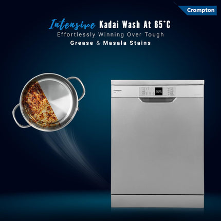 Crompton 14 Place Setting Freestanding Dishwasher with 6 Wash Programs and Super Active Drying System | Energy Saving Dishwasher with Stainless Steel Tub (Voilla 14 PS DW, Silver Inox,FS-DWVOA14PS-DS) 