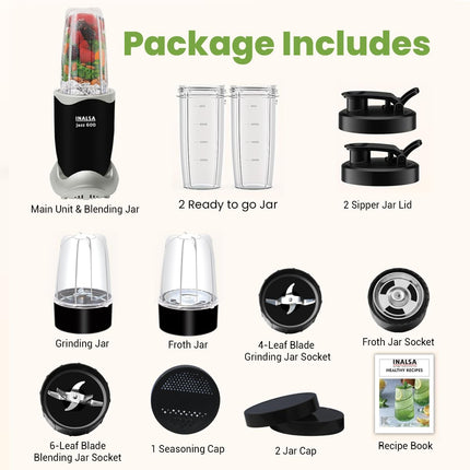 INALSA Blender Mixer Grinder|5 Jar & 600 W Copper Motor| Blenders for Smoothies and Juices| Smoothie Maker Blender|Nutri Blender |3 Blades Including Froth Blade|2Yr Warranty,Jazz 600 