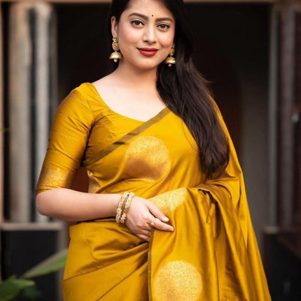 C J Enterprise Women's Banarasi Saree Pure Kanjivaram Silk Saree Soft Design Wear Pattu Sarees Latest Cotton With Blouse Piece Kanchipuram for Wedding sadi new ladies 2025 (KeriGola-51) (Yellow) 