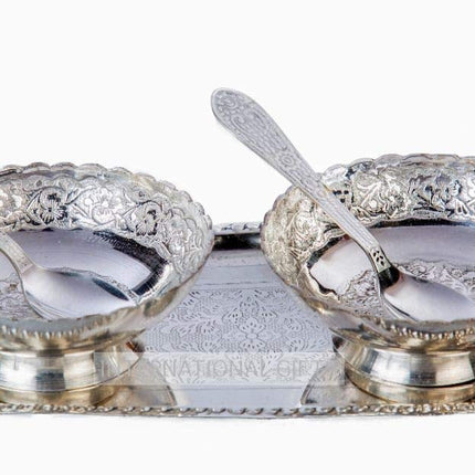 INTERNATIONAL GIFT German Silver Brass Round Bowl Set with Tray and Spoon with Royal Royal Luxury Velvet Box Used for Dry Fruit, Sweets and Home Decor 