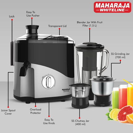 Maharaja Whiteline Odacio Plus 550-Watt Juicer Mixer Grinder With 3 Versatile Jars | Food Grade Safe | 2 year warranty (Black & Silver) 