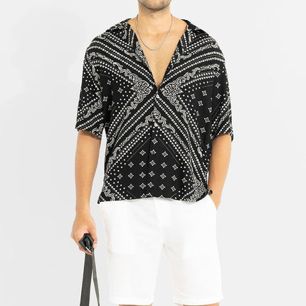 SNITCH Men Casual Shirt | Oversized Fit Half Sleeve Cuban Collar Geometric Print | Premium Rayon Fabric & Smooth Texture for Casual Wear & College Wear |Jet Black, M 