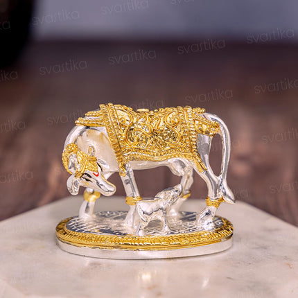 Svastika Vastu Kamdhenu Cow with Calf Idol | 24K Gold & 999 Silver Plated | Excellent Vastu Correction Remedy for Financial Problems | Wedding & Housewarming Gift 