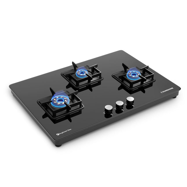 Sunshine Magnite 3 Burner | Slimmest 3 Burner Glass Gas Stove | Hob Top Cooktop | Tempered Glass, 360° Rotating Brass Gas Nozzle | Manual Ignition | LPG Ready & PNG Compatible (Premium - Black) 