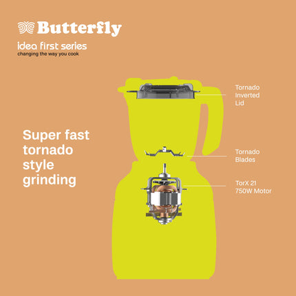 Butterfly ZieraChrome 750 Watt Mixer Grinder | 5 Jars | Uniform Grinding with Tornado Blade & Lid | Long Lasting Annealed SS Jars | Torx21 Motor| Juicer/Blender Jar | 5 Years Warranty 