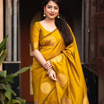 C J Enterprise Women's Banarasi Saree Pure Kanjivaram Silk Saree Soft Design Wear Pattu Sarees Latest Cotton With Blouse Piece Kanchipuram for Wedding sadi new ladies 2025 (KeriGola-51) (Yellow) 
