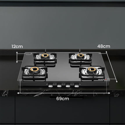 Sujata Classic Auto Ignition Gas Stove | 9 Years Warranty | 4 Burner Gas Stove Glass Top, SABAF, ISI Certified, LPG & PNG Compatible, Jumbo Brass Burner (Black) 
