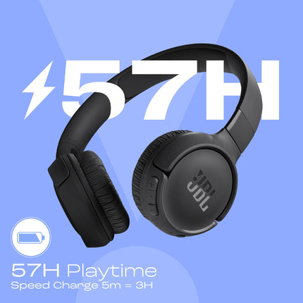 JBL Tune 520BT Wireless Headphones with Mic, Upto 57 Hrs Battery, Pure Bass Sound, Speed Charge, Customizable Bass with Headphones App, Lightweight, Bluetooth 5.3 (Black) 
