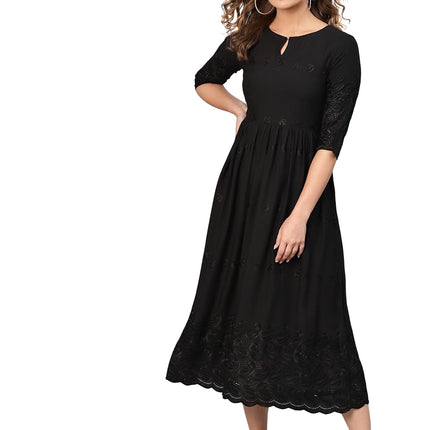 Libas Women's Viscose Rayon A-Line Long Casual Dress (8404MJ_Black 