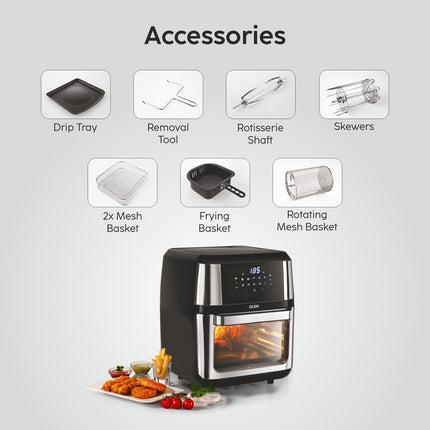 Glen Digital Air Fryer Oven for Home, 1800W, 10 Preset Menu Rotisserie, Electric Air Fryer Toaster Oven, Digital Display, Bake Roast Toast Defrost 12 Litre Digital Controls, Black (SA-3046DSS) 