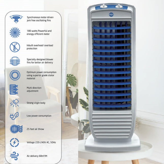 EASY High-Speed Tower Fan | 180W Powerful Motor, 25ft Air Throw, Multi-Directional Adjustment | Tower Fan for Home (White & Blue) 