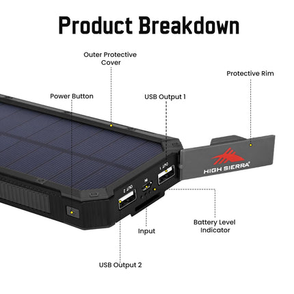 HACER 10000mAh Camping Solar Power Bank Built-in COB Flashlight Portable Charging Device with LED Indicators 2 USB Output Ports & USB-A to Micro-USB Cable for Climbing Hiking and Trekking (1Pc) 